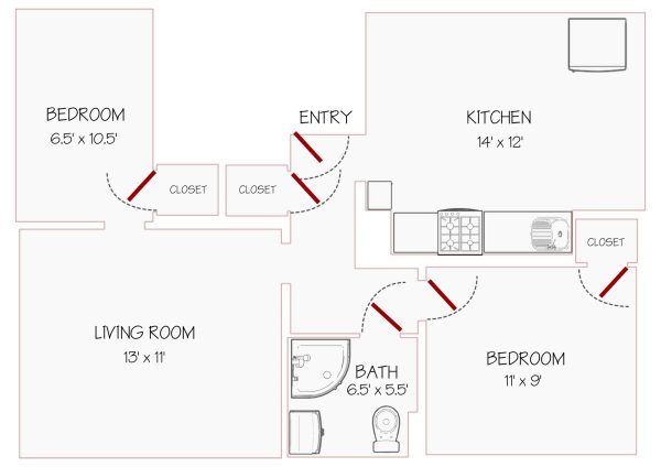 Floorplan of the Apartment. Kitchen 14 feet by 12 feet, Living Room 13 feet by 11 feet, first bedroom 11 feet by 9 feet, second bedroom 6 and a half feet by 10 and a half feet, bathroom 6 and a half feet by five and a half feet